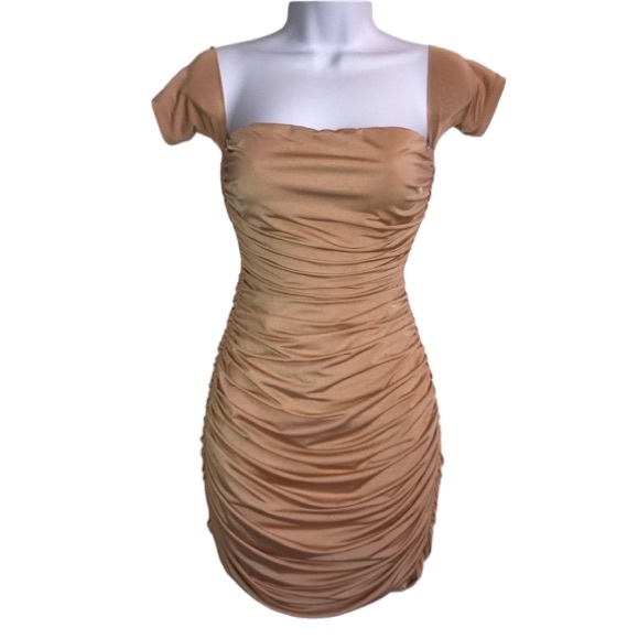 🔴 4/$15 H&M gold sexy fitted shirred & ruched ss mini party dress size M in EUC - Picture 2 of 14